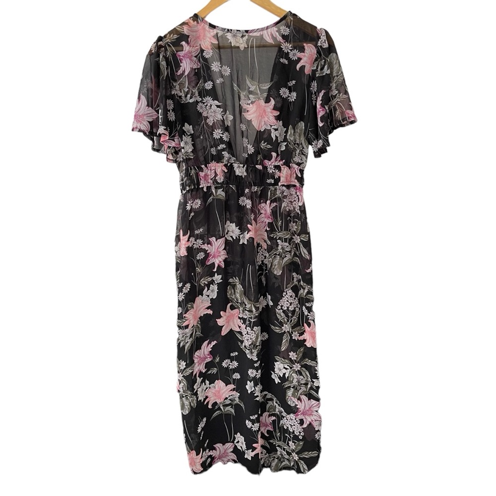 Lily White Floral Tie Front Swim Coverup Woman’s Medium High Low Short Sleeve - Picture 2 of 5